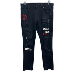 Decibel Mens Jeans Slim Distressed Zipper Trim‎ Graffiti Graphics Black Sz 38x32